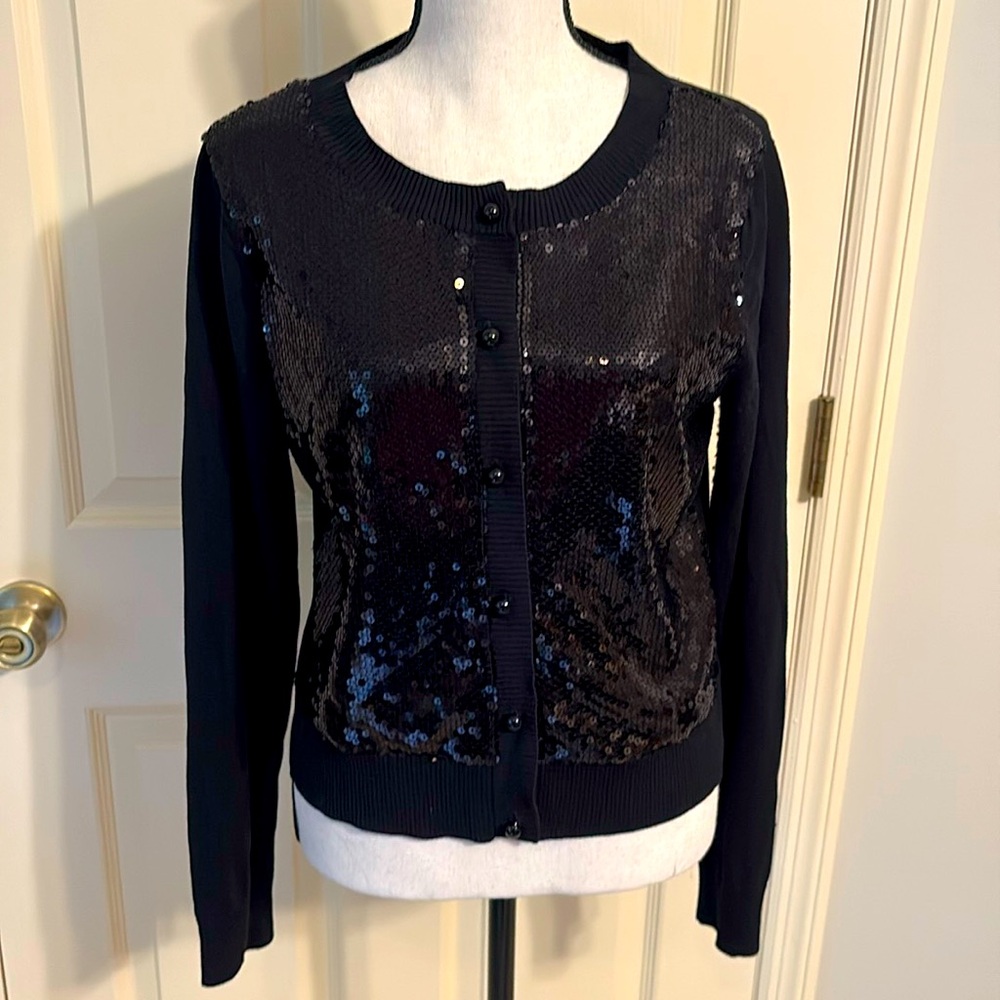 Black Sequin Silk Cardigan Sweater Holiday Evening Worthington size M